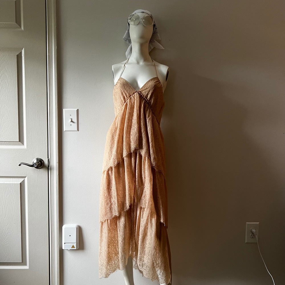 BCBG Max Azria Y2K Blush Lace Ruffle Halter Fairy Romantic Midi Dress NWT S